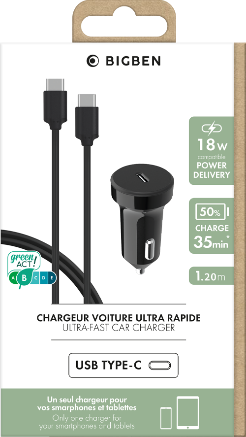 Chargeur voiture 18W Power Delivery + Câble USB C/USB C Noir Bigben