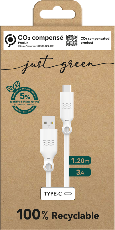 Câble USB A/USB C 2m 3A Blanc Bigben