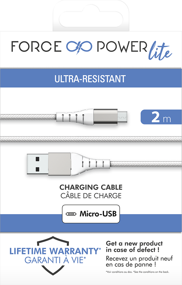 Câble Renforcé USB A/micro USB 2m 2.1A Garanti à vie Blanc Force Power Lite  - Force Power Lite
