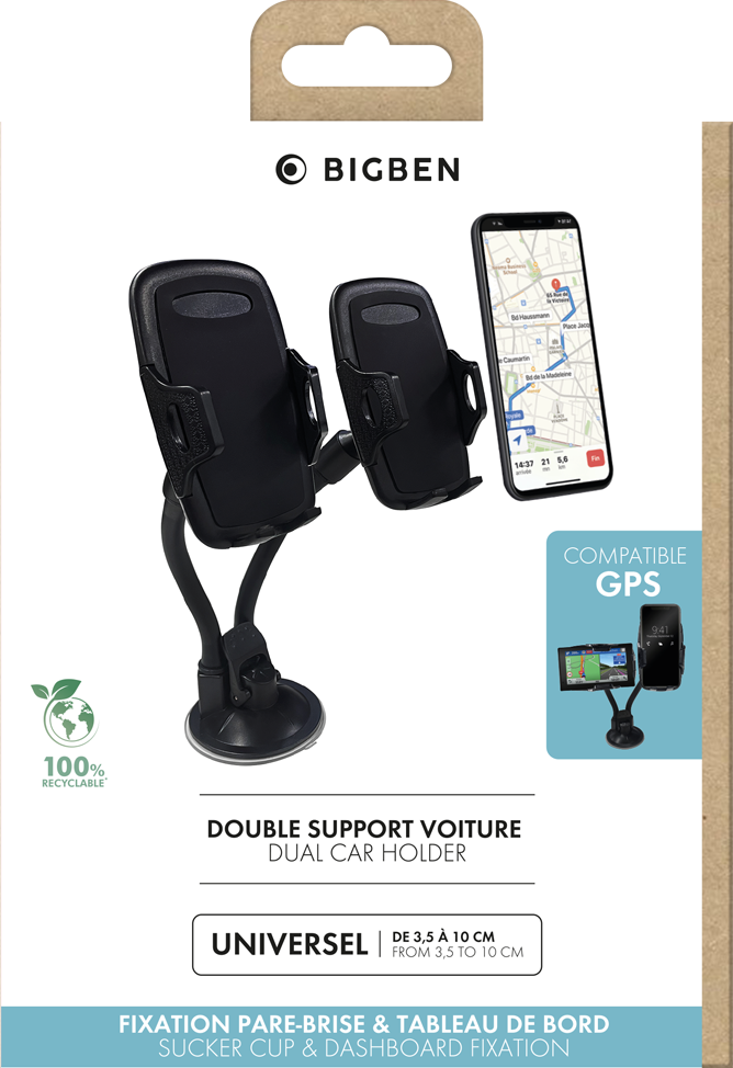 Accessoire pour téléphone mobile BIGBEN connected Support voiture double  ajustable sur pare-brise + ventilation noir bigben