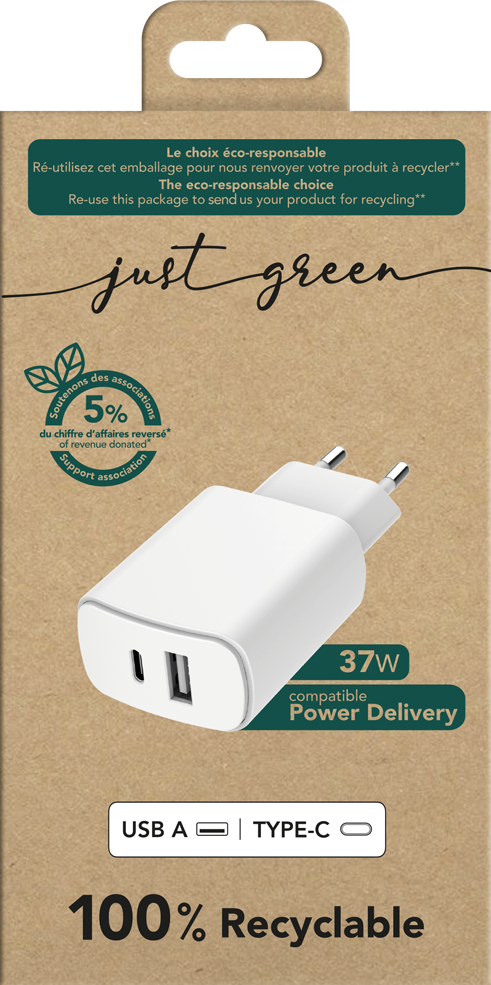 Chargeur maison double Recyclable Blanc USB A+C 12+25W Power Delivery