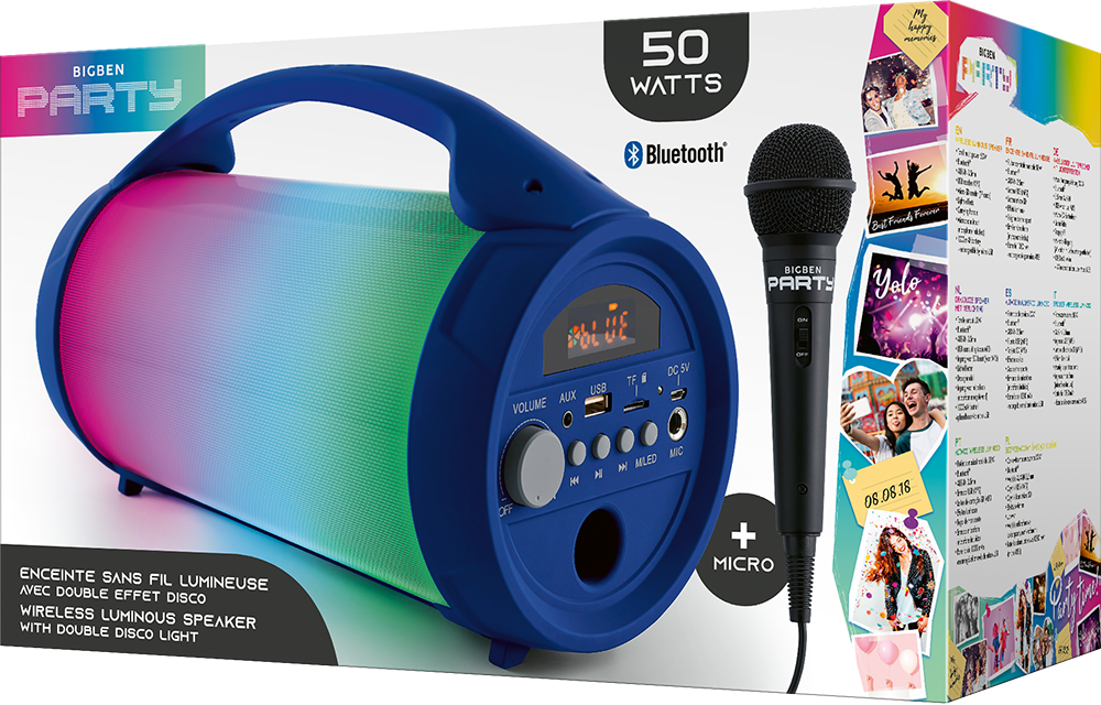 Enceinte Bluetooth avec Microphone Filaire, Puissance 50W et Effets  Lumineux, Bigben Party BT Lite - Bleu - Français