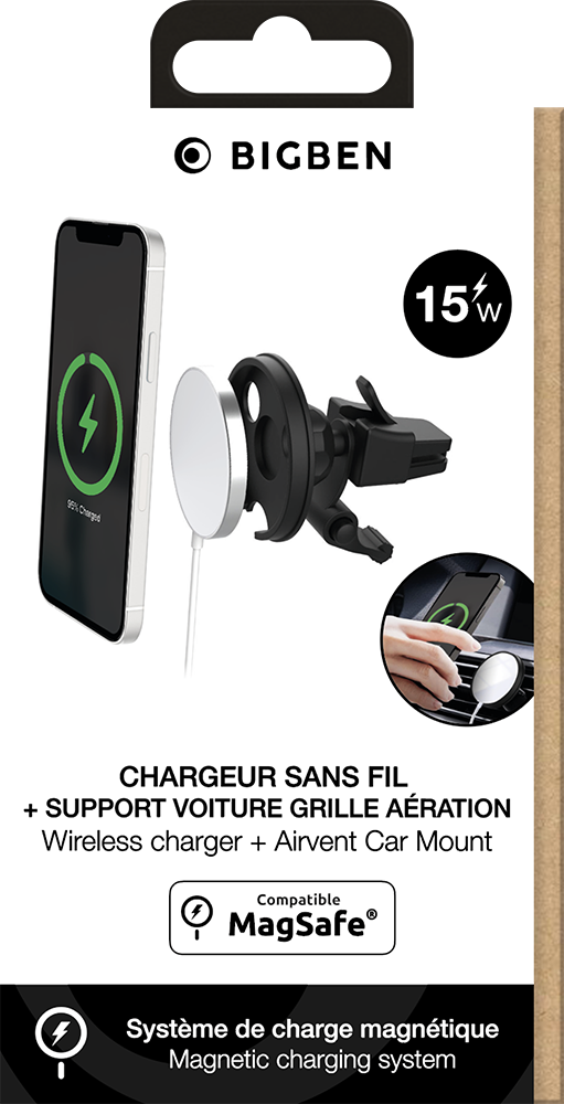 Chargeur induction Compatible MagSafe 15W + Support voiture Grille