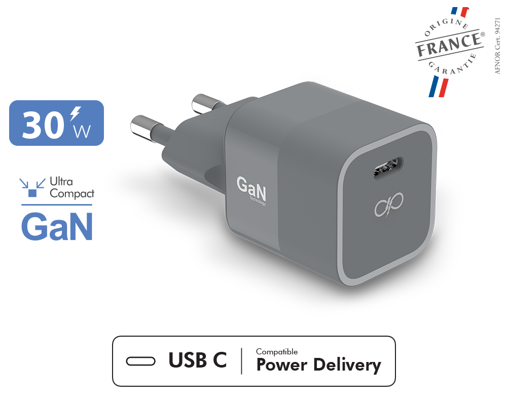 Chargeur Secteur GaN 30W, USB-C Power Delivery avec Garantie à Vie, Force  Power - Gris - Français