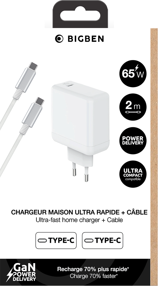Chargeur ultra rapide GaN 65W Triple Port avec Câble USB-C vers USB-C 100W  (idéal pour Mac) - WTK