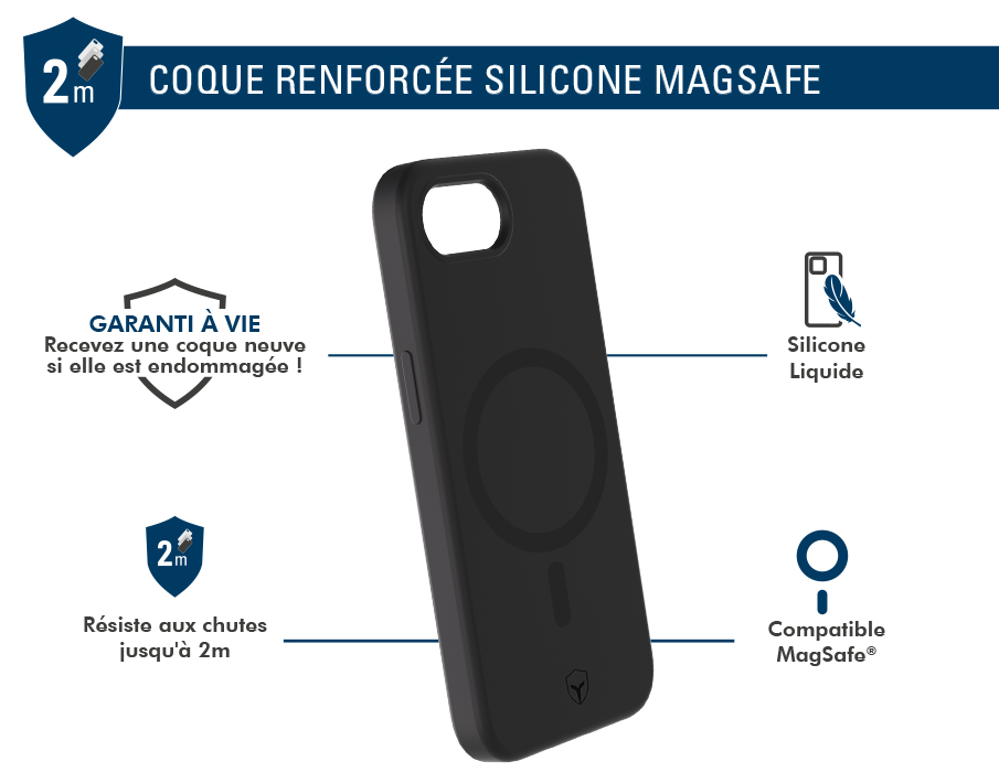 Image secondaire de Coque renforcée MagSafe iPhone 16e SILICONE 2m Noire + Garantie à vie Force Case