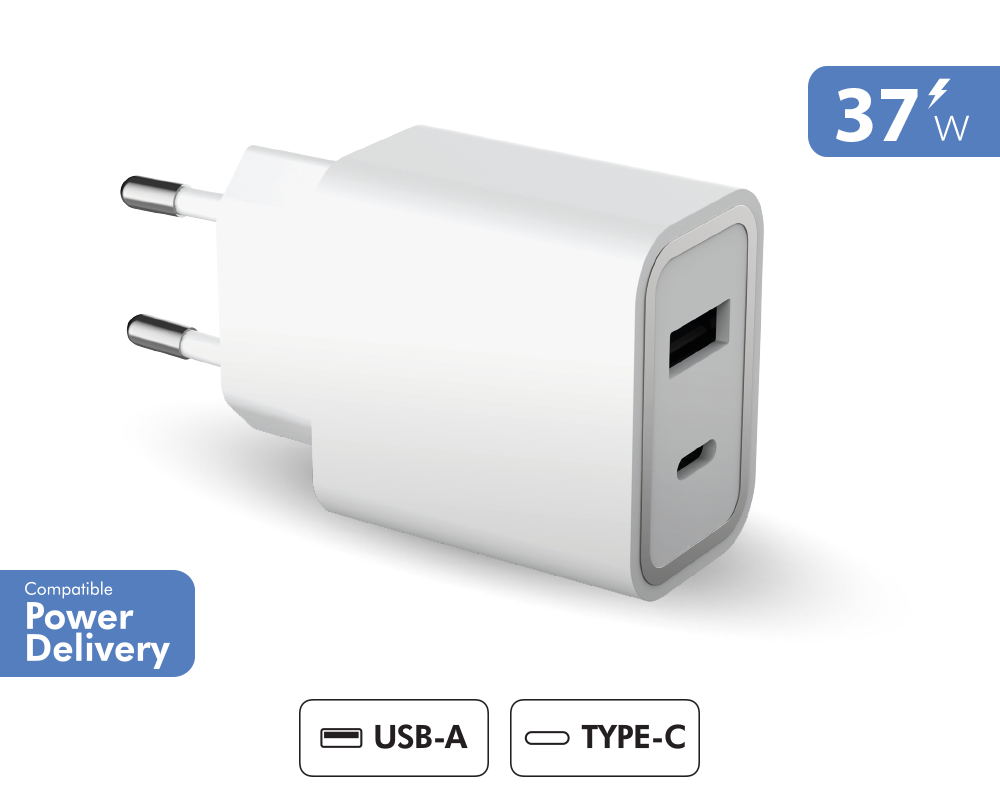 Chargeur maison double Recyclable Blanc USB A+C 12+25W Power Delivery