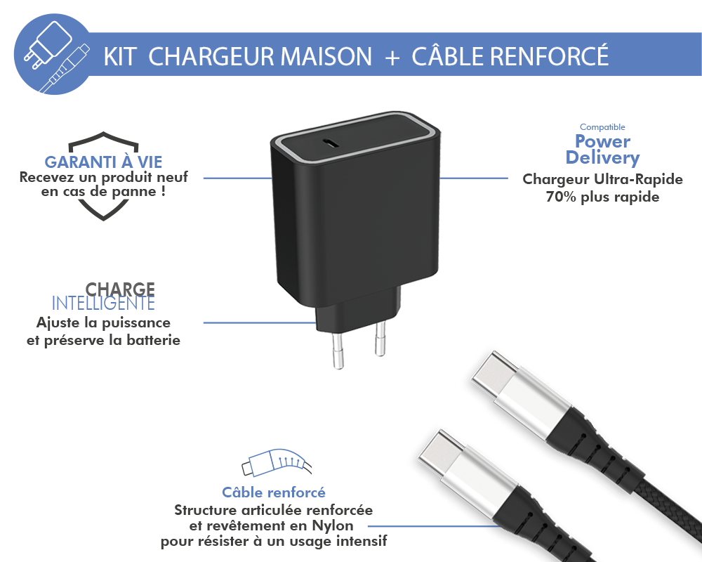 Baseus Chargeur Rapide USB-C 20W + Cable Lightning noir