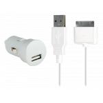 Kit Chargeur Voiture USB A 2A + Câble USB A / 30 PIN 1m Blanc