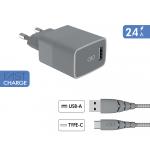 Chargeur maison 2.4A FastCharge + Câble Ultra-renforcé USB A/USB C Gris - Garanti à vie Force Power