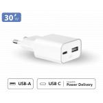 Dual 30W USB A+C PD Power Delivery GaN Wall Charger White - Lifetime Warranty Force Power Lite